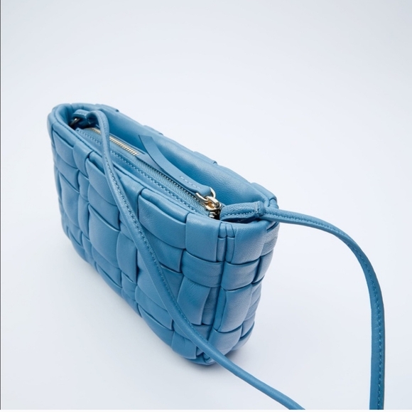 ZARA 100% Sheep Leather Quilted Crossbody Purse In Blue. NWT - Picture 2 of 16
